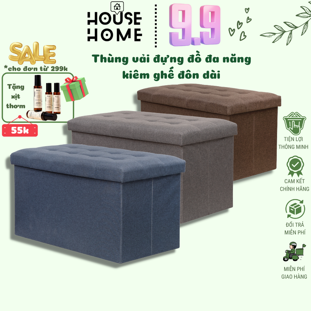 Hộp vải đựng đồ đa năng size lớn kiêm ghế ngồi êm ái, Ghế đôn đựng đồ gấp gọn tiện ích - HousetoHome
