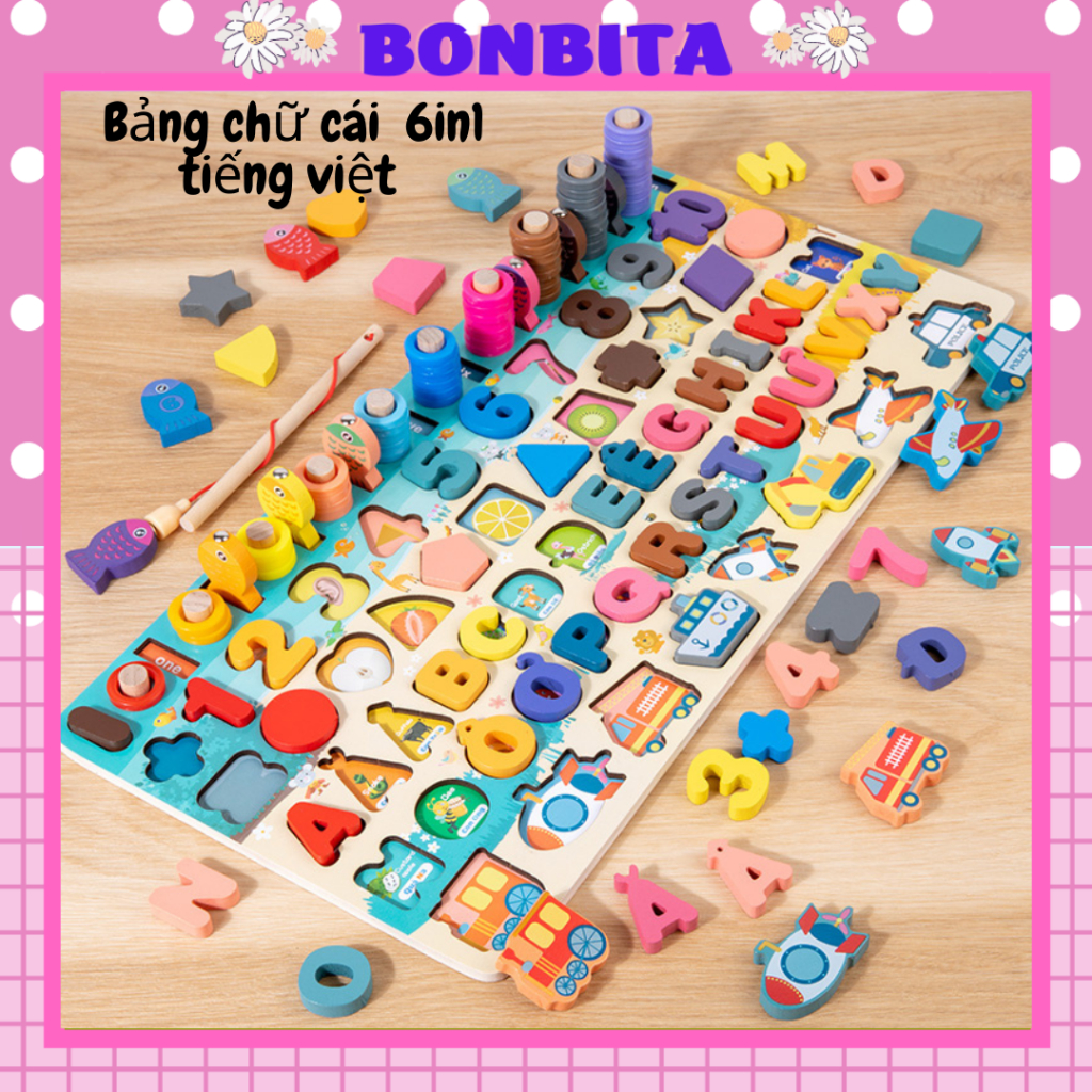 Bộ Bảng Gỗ Câu Cá Và Ghép Hình Học, Chữ Số, Chữ Cái, Phương Tiện cho bé