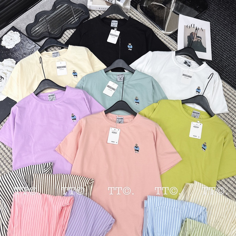 Bộ Áo Cotton Tàu Thêu Gấu Phối Quần Đũi Kẻ Sọc Dài