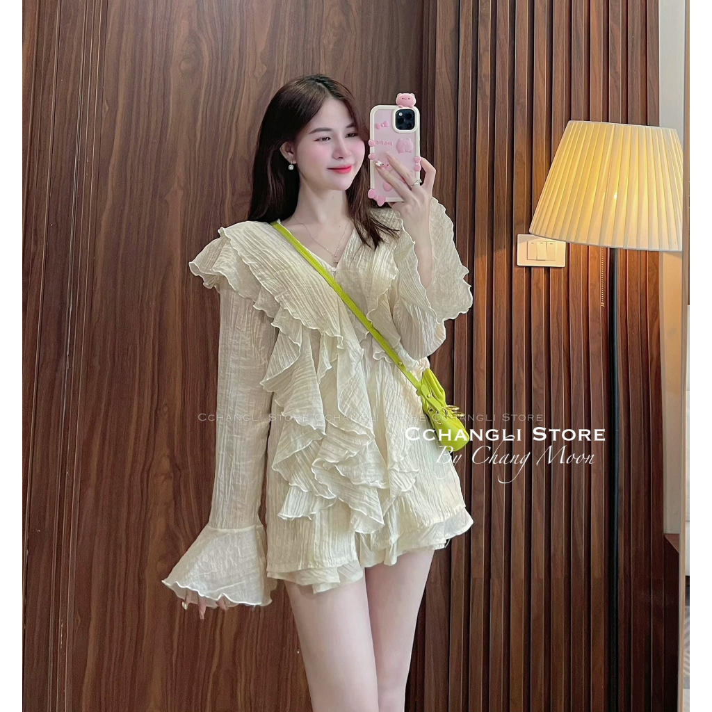 Set 2 Món: Áo Dài Tay Phối Bèo Voan Đính Nút + Chân Váy Xòe Cùng Tone Màu