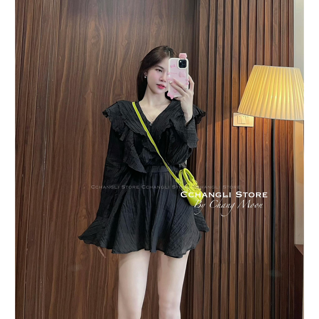 Set 2 Món: Áo Dài Tay Phối Bèo Voan Đính Nút + Chân Váy Xòe Cùng Tone Màu