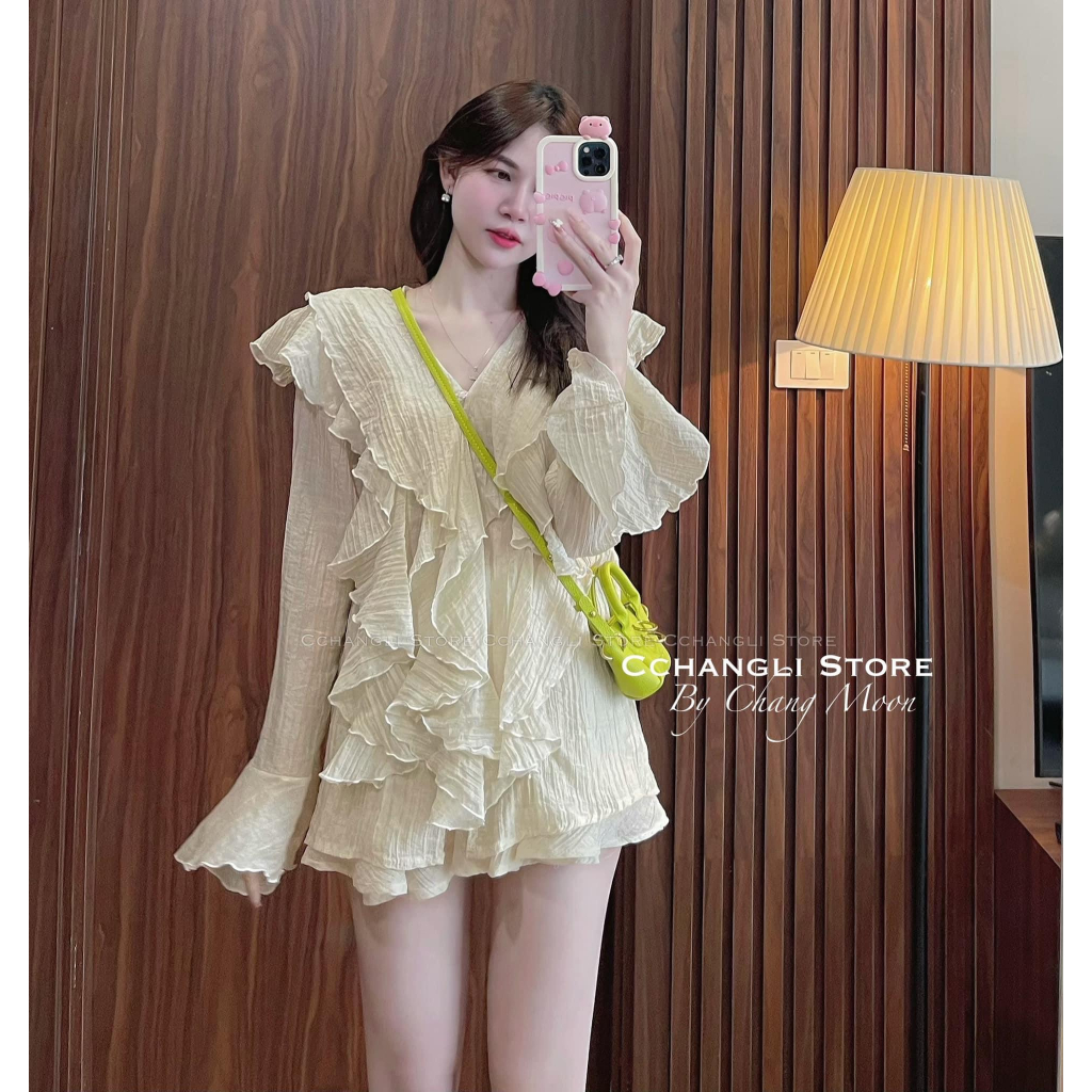 Set 2 Món: Áo Dài Tay Phối Bèo Voan Đính Nút + Chân Váy Xòe Cùng Tone Màu