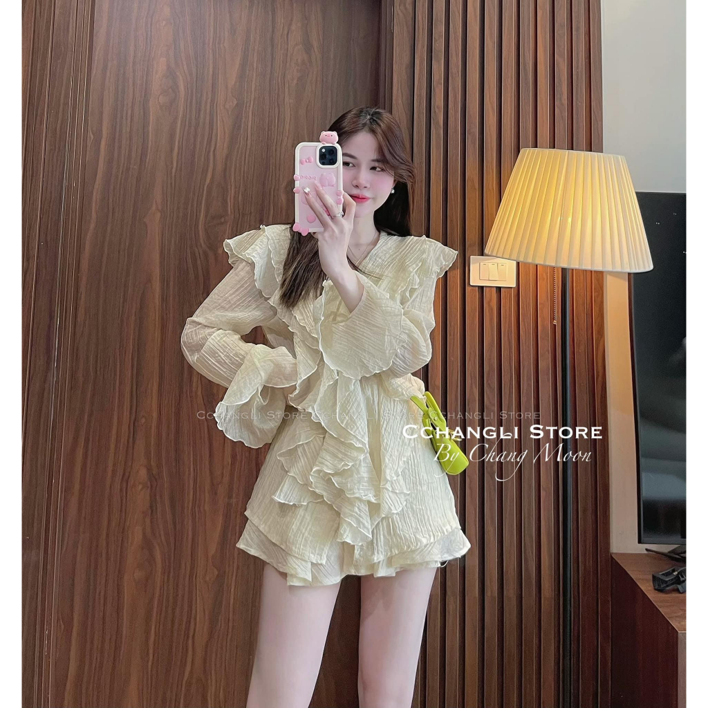 Set 2 Món: Áo Dài Tay Phối Bèo Voan Đính Nút + Chân Váy Xòe Cùng Tone Màu