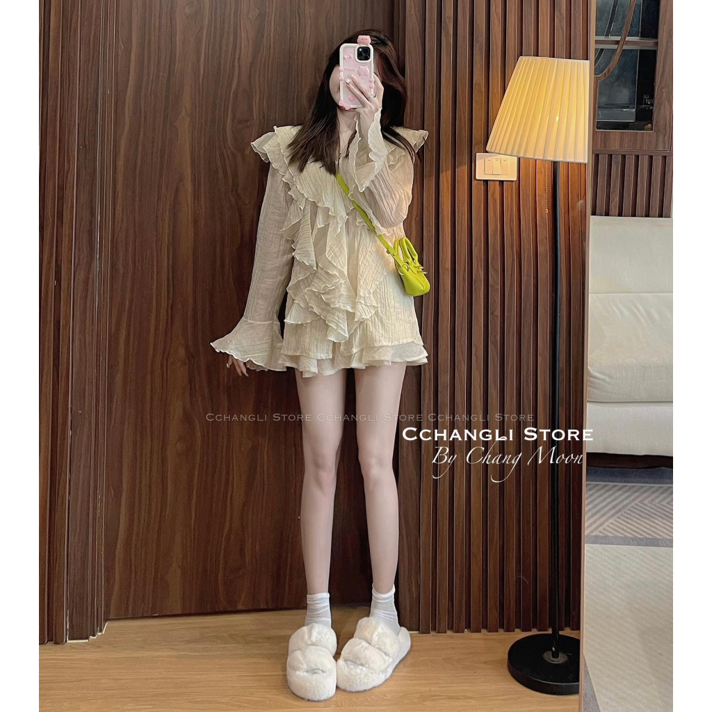 Set 2 Món: Áo Dài Tay Phối Bèo Voan Đính Nút + Chân Váy Xòe Cùng Tone Màu