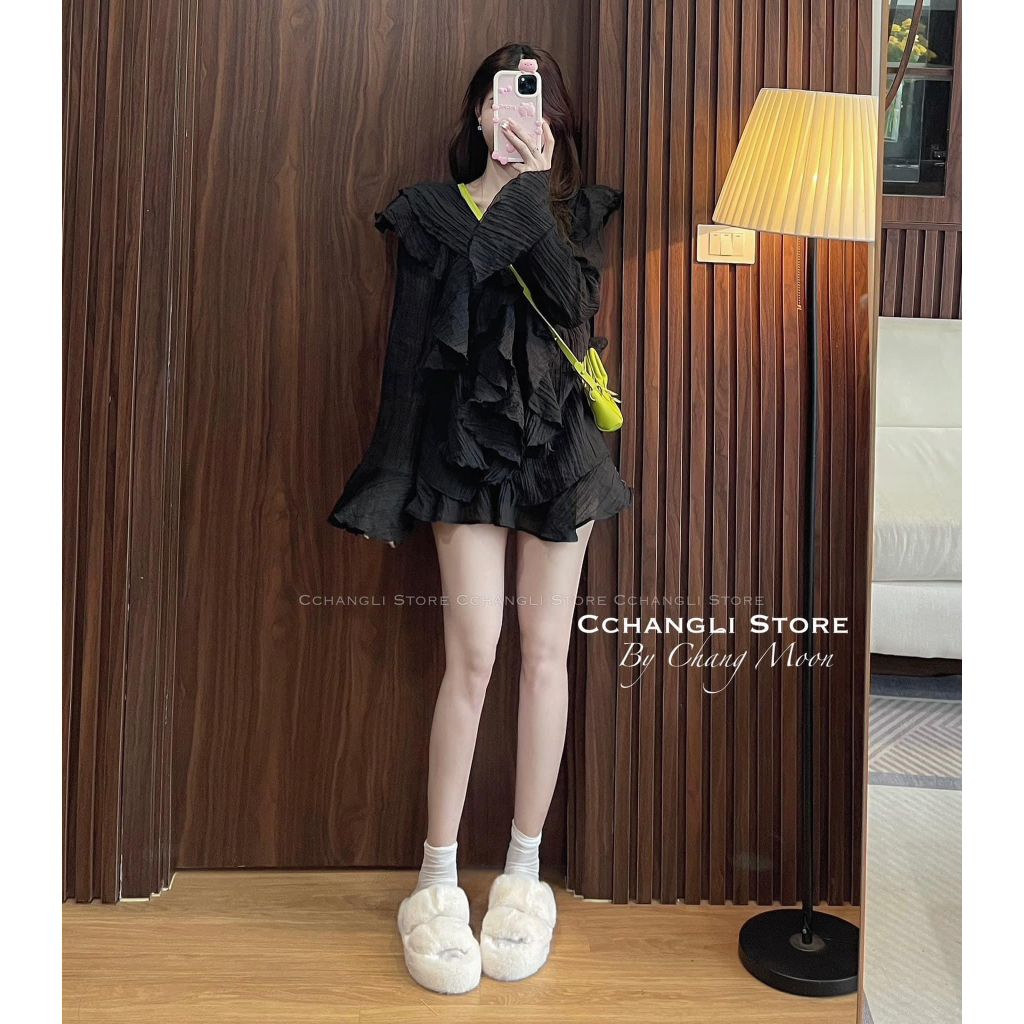 Set 2 Món: Áo Dài Tay Phối Bèo Voan Đính Nút + Chân Váy Xòe Cùng Tone Màu