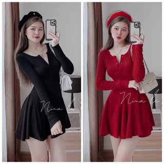 Đầm váy nữ xếp ly xòe dài tay cổ chữ v xinh xắn