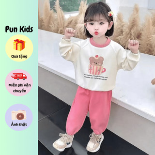 Bộ nỉ thu đông áo kem hoạ tiết hình gấu đáng yêu cho bé gái từ 9 - 25 Kg