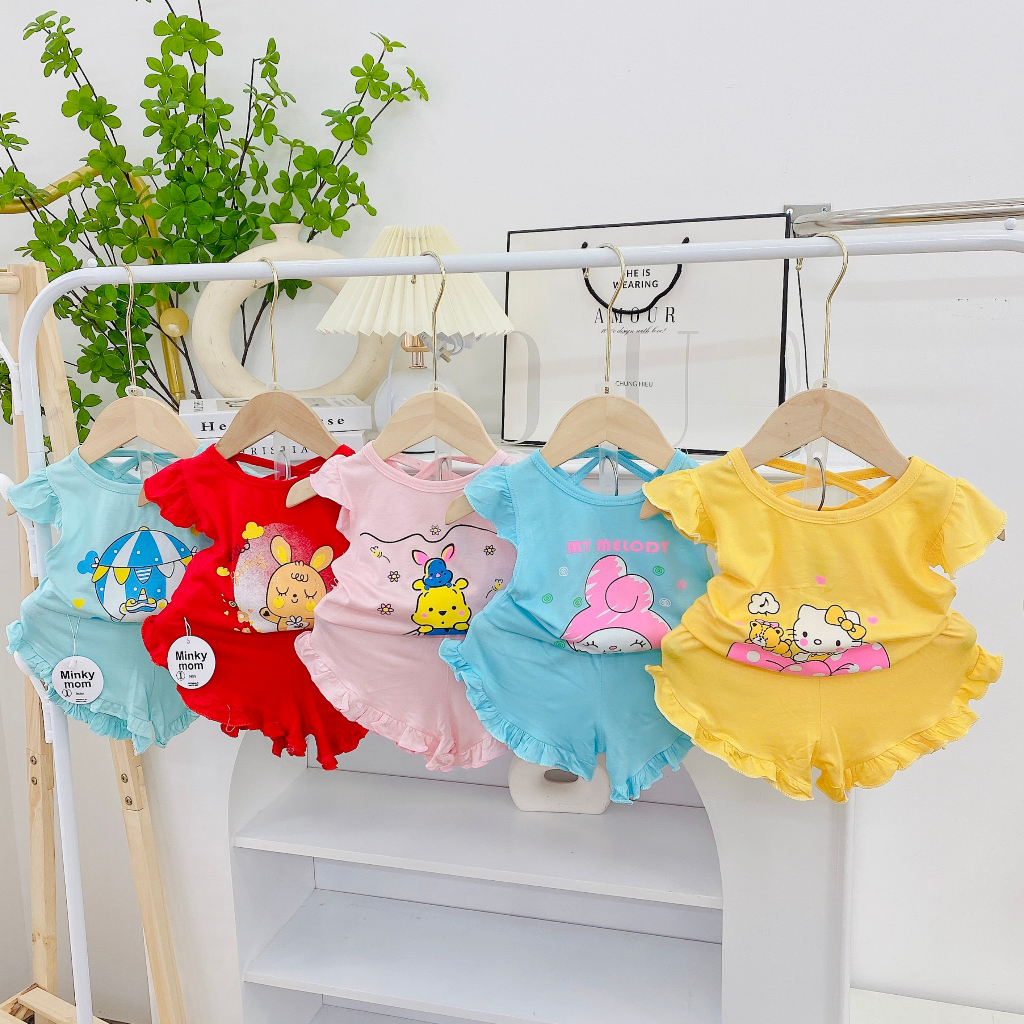 Bộ Minky Mom Bé Gái Vải Thun Lạnh Cánh Tiên Quần Cộc Nhún Bèo Đáng Yêu Cho Bé Từ 5-15kg