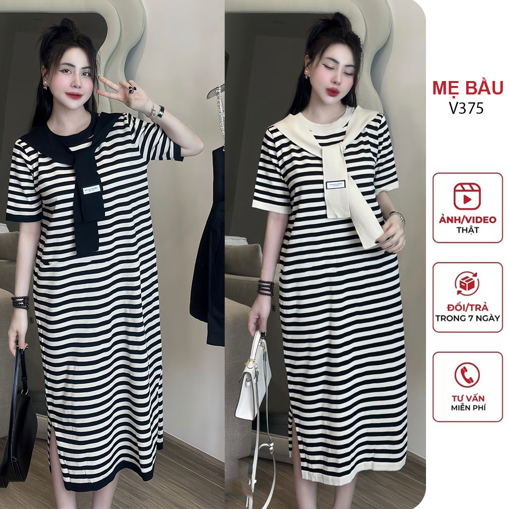 ĐẦM VÁY BẦU CÔNG SỞ THU ĐÔNG CHẤT LEN DÁNG SUÔNG KẺ SỌC PHỐI KHĂN ĐIỆU ĐÀ - ĐẦM BẦU BABYDOLL FREESIZE
