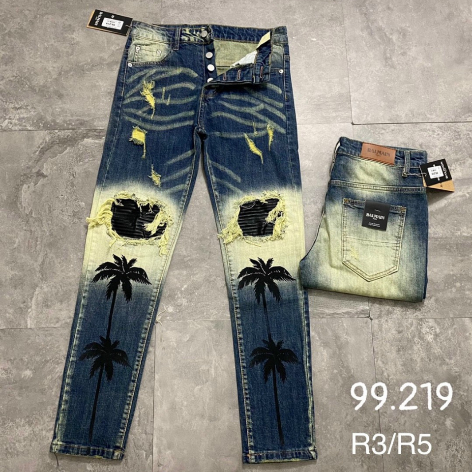 Quần Cầy Dừa Amiri Quần jean bò Nam slimfit wash xanh vàng in hình cây dừa phối rách tua gối vá da nhăn đen CỰC ĐẸP