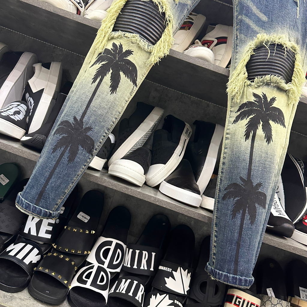 Quần Cầy Dừa Amiri Quần jean bò Nam slimfit wash xanh vàng in hình cây dừa phối rách tua gối vá da nhăn đen CỰC ĐẸP
