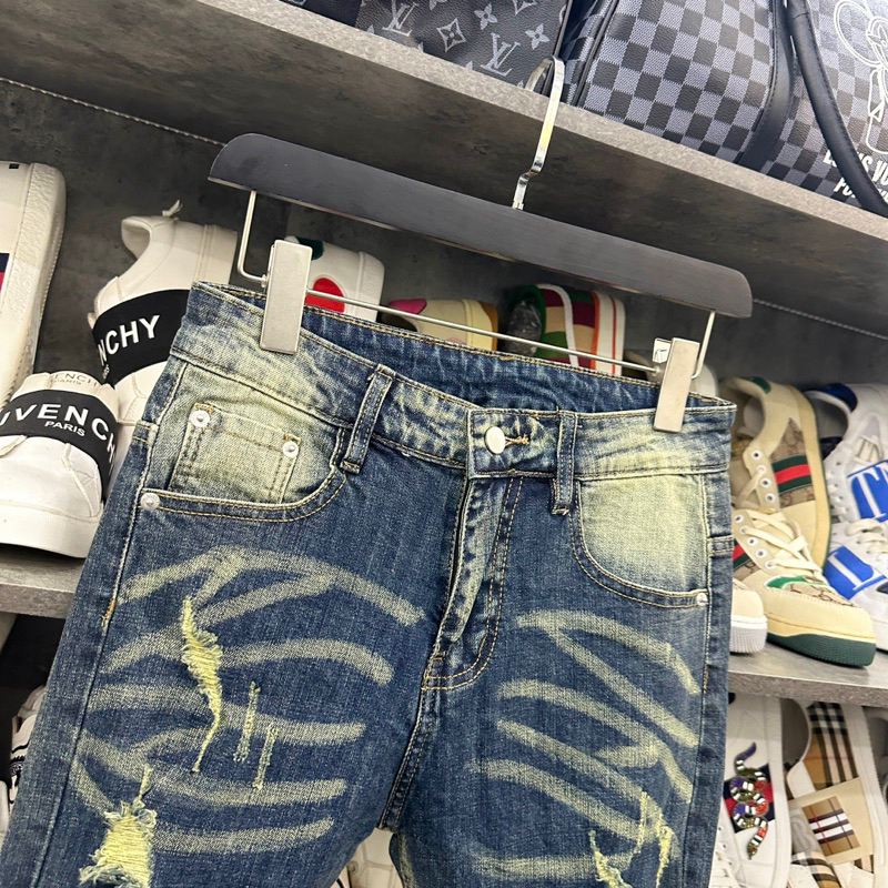 Quần Cầy Dừa Amiri Quần jean bò Nam slimfit wash xanh vàng in hình cây dừa phối rách tua gối vá da nhăn đen CỰC ĐẸP