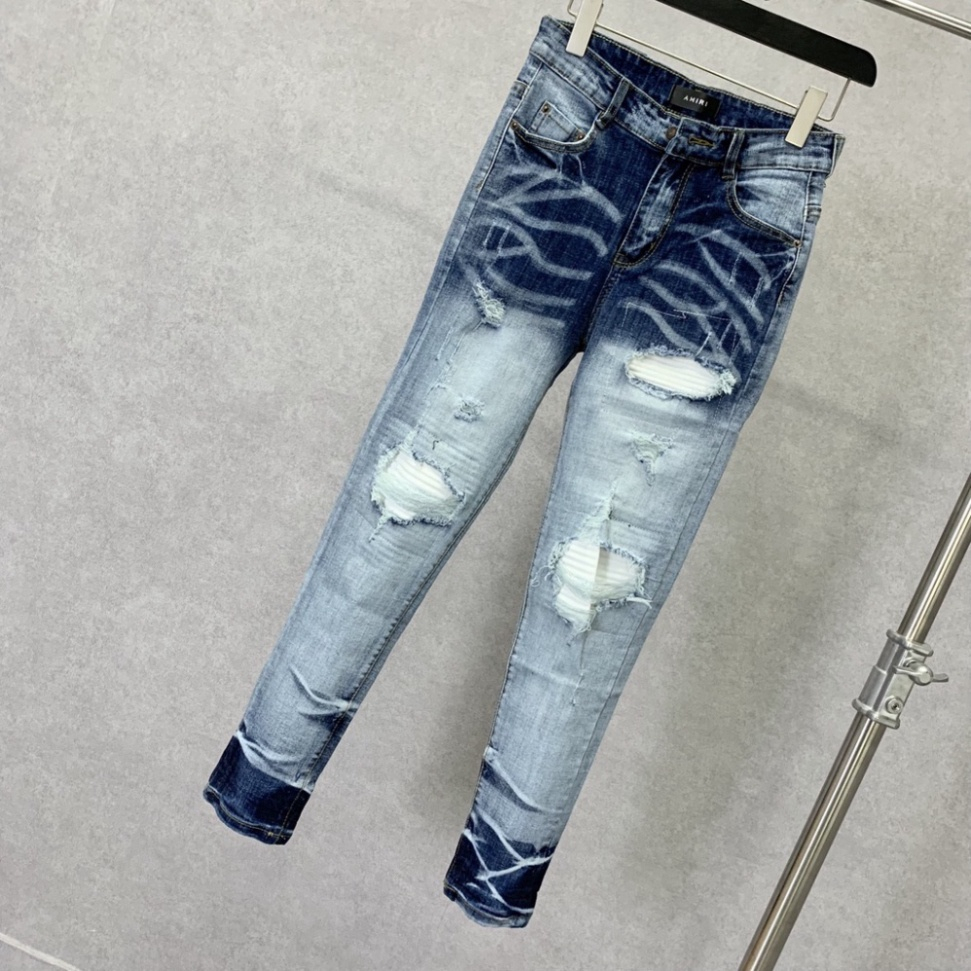 Quần jean bò nam Amiri xanh bạc kẻ sóng phối rách xước vá da nhăn trắng tua chỉ ngang dáng slimfit hot trend 2023