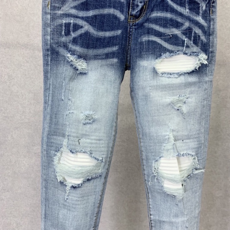 Quần jean bò nam Amiri xanh bạc kẻ sóng phối rách xước vá da nhăn trắng tua chỉ ngang dáng slimfit hot trend 2023