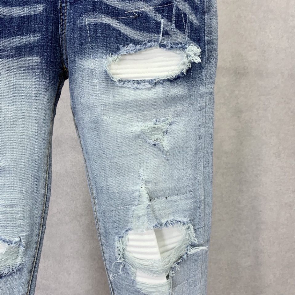 Quần jean bò nam Amiri xanh bạc kẻ sóng phối rách xước vá da nhăn trắng tua chỉ ngang dáng slimfit hot trend 2023
