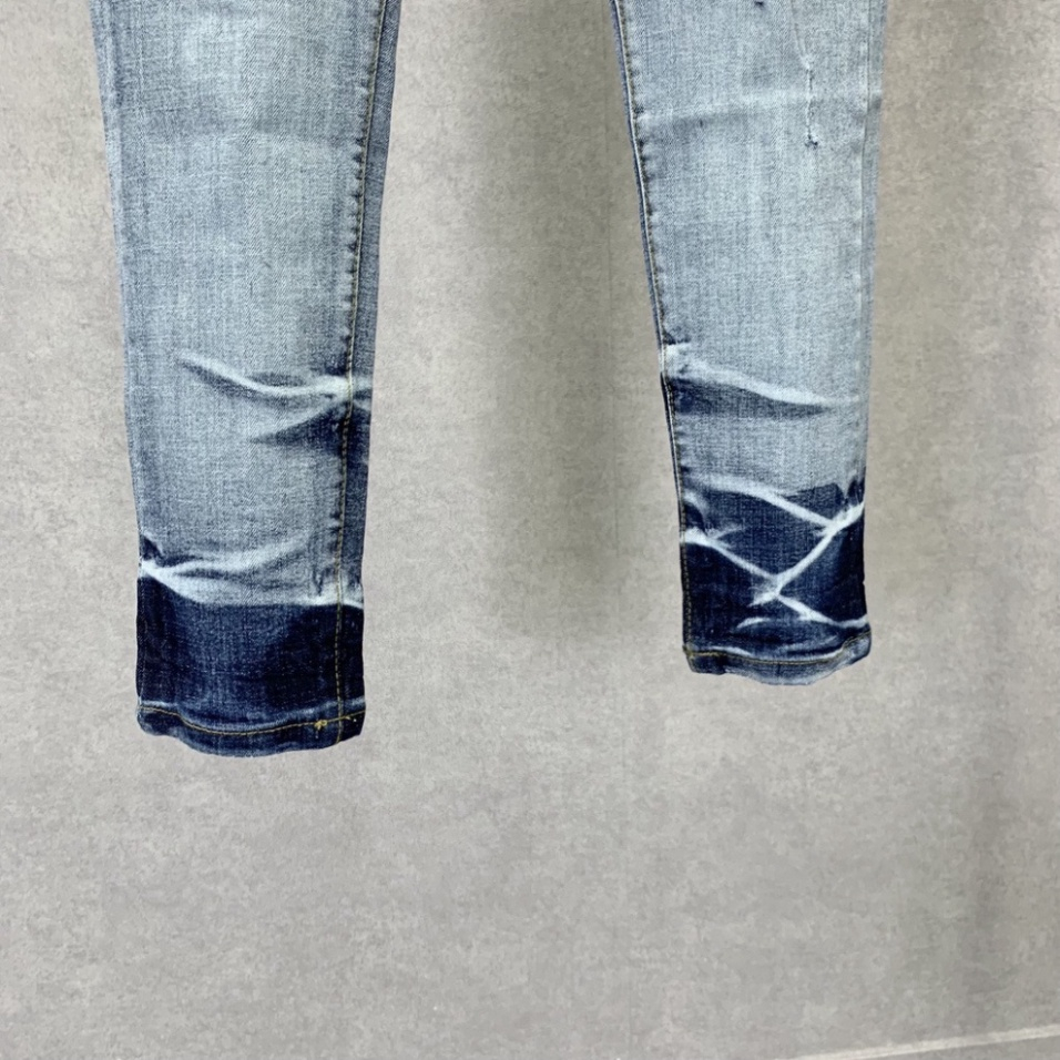 Quần jean bò nam Amiri xanh bạc kẻ sóng phối rách xước vá da nhăn trắng tua chỉ ngang dáng slimfit hot trend 2023