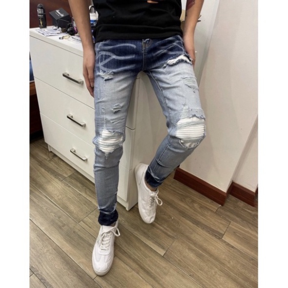 Quần jean bò nam Amiri xanh bạc kẻ sóng phối rách xước vá da nhăn trắng tua chỉ ngang dáng slimfit hot trend 2023