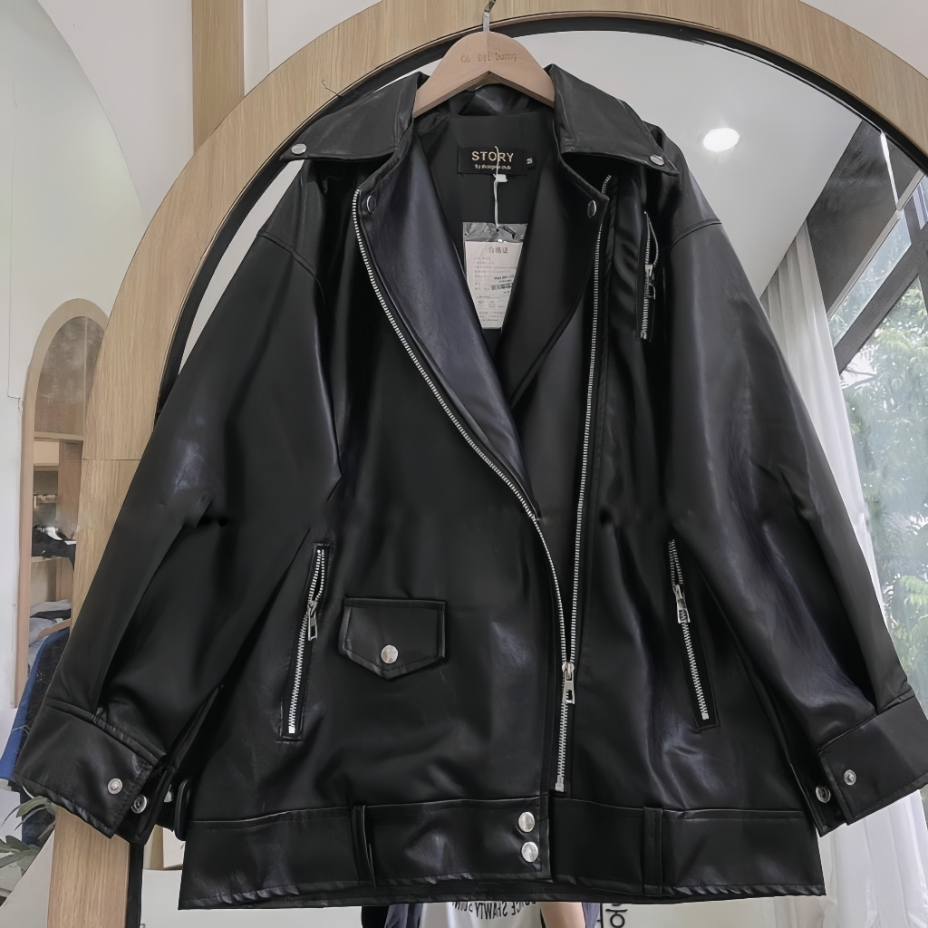 Áo Khoác Da Cổ Vest Kèm Dây Đai 2 Lớp Dáng Rộng, Áo Khoác Đôi Nam Nữ