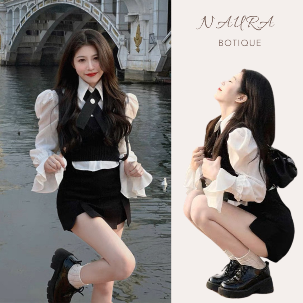 Set dạ gồm 4 món siêu xinh: áo sơ mi + gile + chân váy + choker