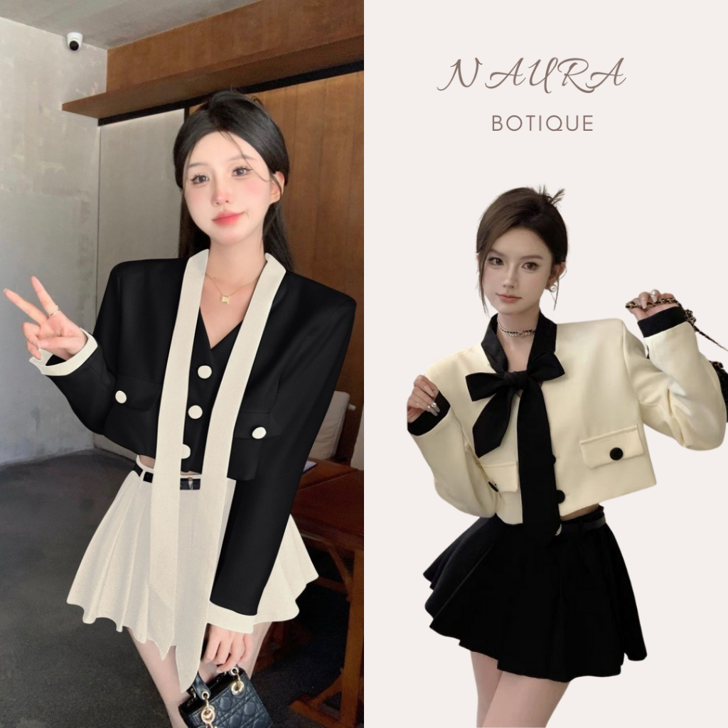Set áo dạ thắt nơ mix chân váy xếp ly kèm đai mặc được 2 kiểu thu đông