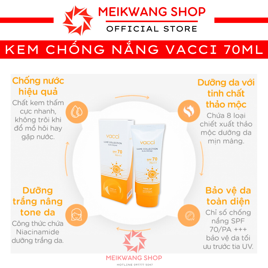 Kem Chống Nắng VACCI - LUXE COLLECTION SUN CREAM SPF 70 PA+++ 70ml - Kháng tia UVA/UVB - Giảm Thâm Nám - Sạm Da