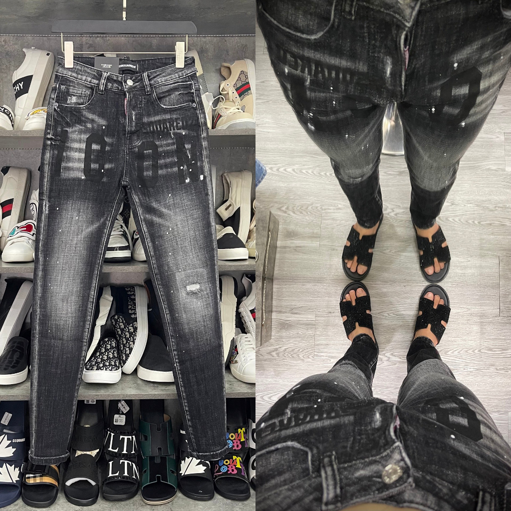 Quần jean bò nam DSQ2 biker slimfit xám mài dập chữ ICON rách xước vảy sơn 4 cúc cài cao cấp HOT TREND 2023