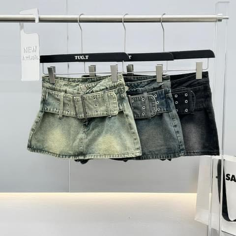 Chân váy ngắn jeans denim bò trơn đai trước bản to QCCC QCL1 CV0094 Mía