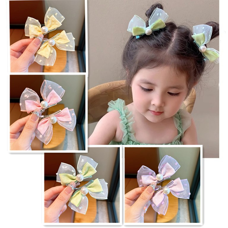 Set 2 kẹp tóc nơ vải lụa satin trơn tông màu pastel siêu xinh phong cách vintage Hàn Quốc cho bé gái SST