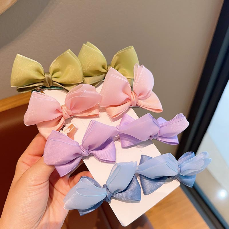 Set 2 kẹp tóc nơ vải lụa satin trơn tông màu pastel siêu xinh phong cách vintage Hàn Quốc cho bé gái SST