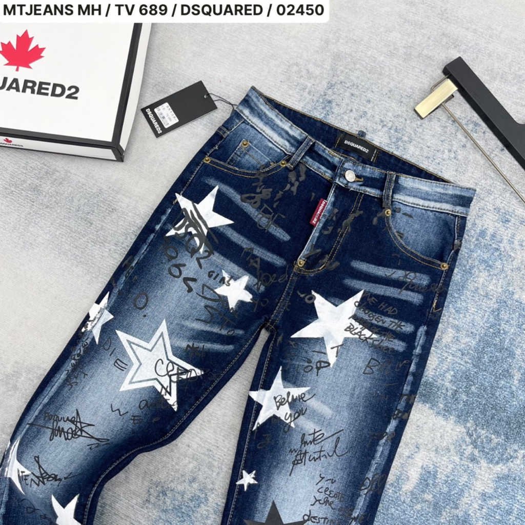 Quần jean bò nam DSQ2 slimfit xanh dập chữ hình ngôi sao đen trắng vải denim dày dặn cao cấp hot trend 2023