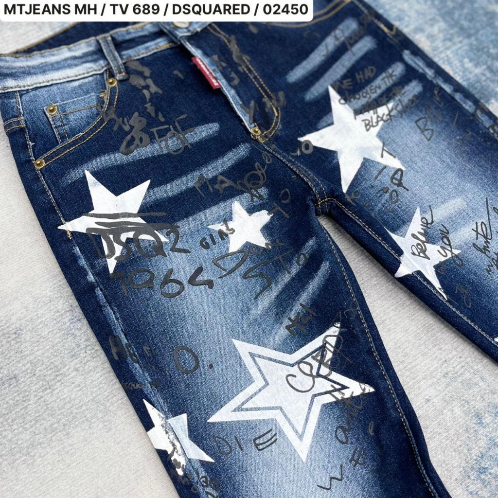 Quần jean bò nam DSQ2 slimfit xanh dập chữ hình ngôi sao đen trắng vải denim dày dặn cao cấp hot trend 2023
