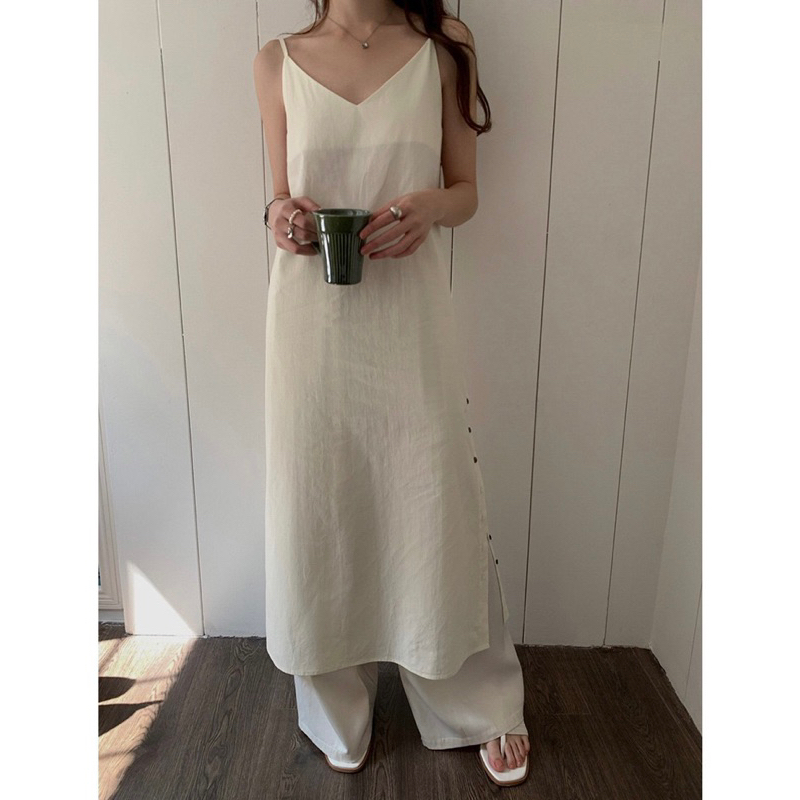 Váy đầm hai dây dài cài nút VÀNG KEM dịu dàng mát mẻ cho mùa hè truyền thống cotton aspirin libé tubycatu
