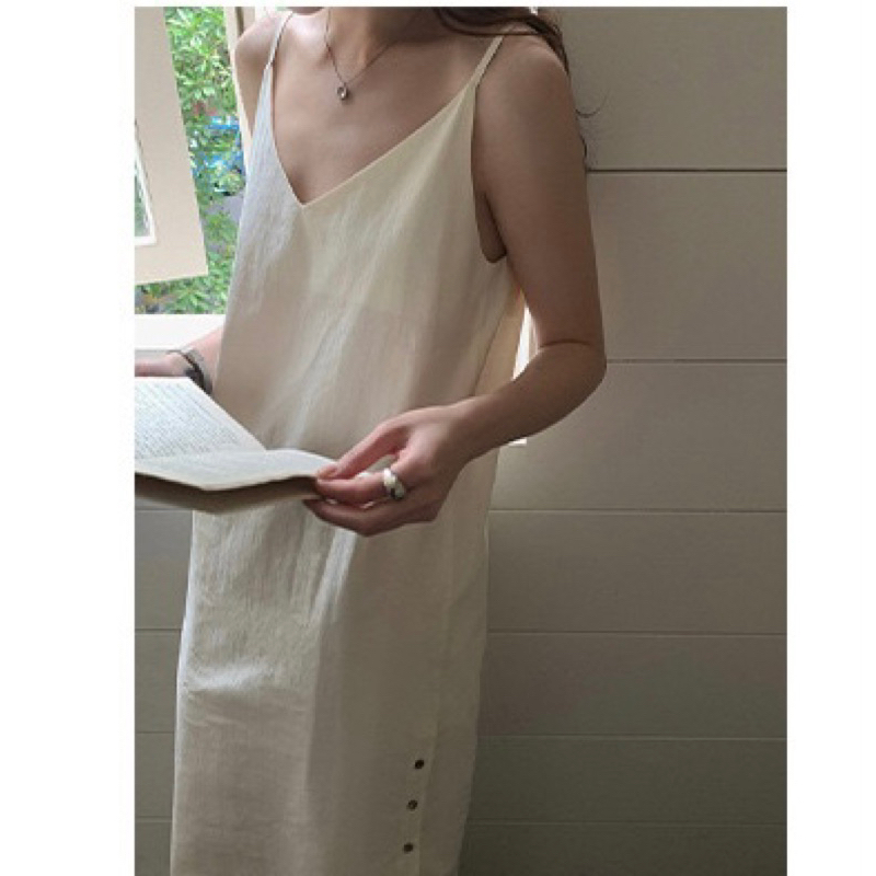 Váy đầm hai dây dài cài nút VÀNG KEM dịu dàng mát mẻ cho mùa hè truyền thống cotton aspirin libé tubycatu