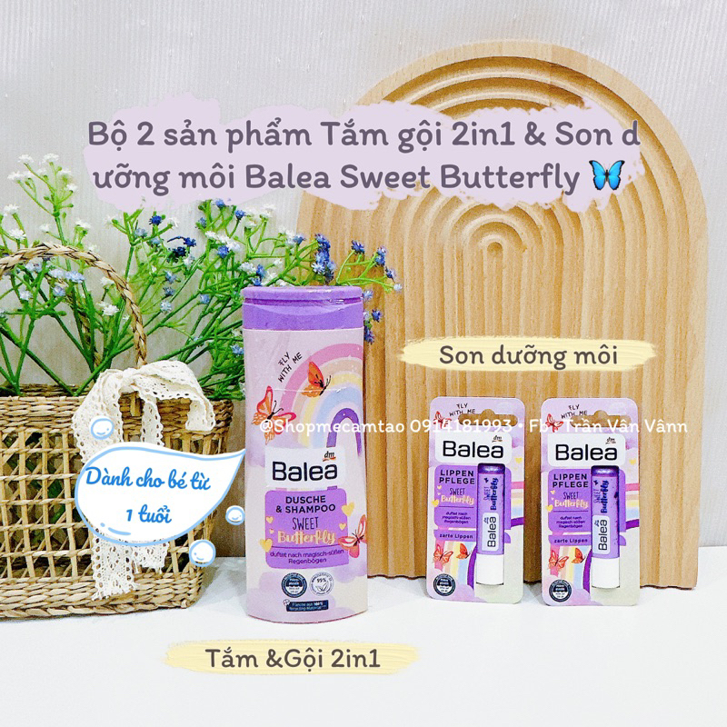 Bộ 2 sản phẩm Tắm gội 2in1 & Son dưỡng môi Balea Sweet Butterfly nội địa Đức