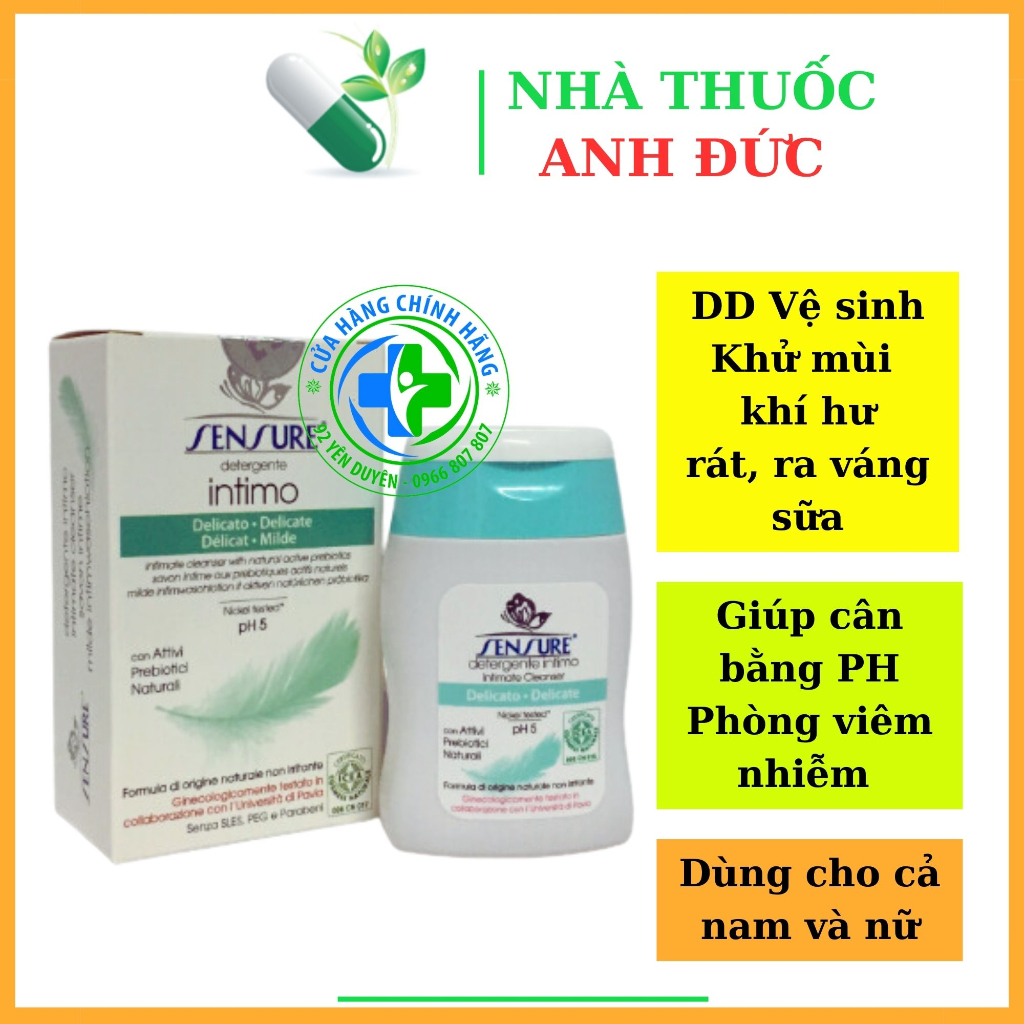 Dung dịch vệ sinh phụ khoa Sensure, giúp cân bằng PH, Phòng viêm nhiễm, ngứa, khí hư - chai 100ml Italia [Chính Hãng]