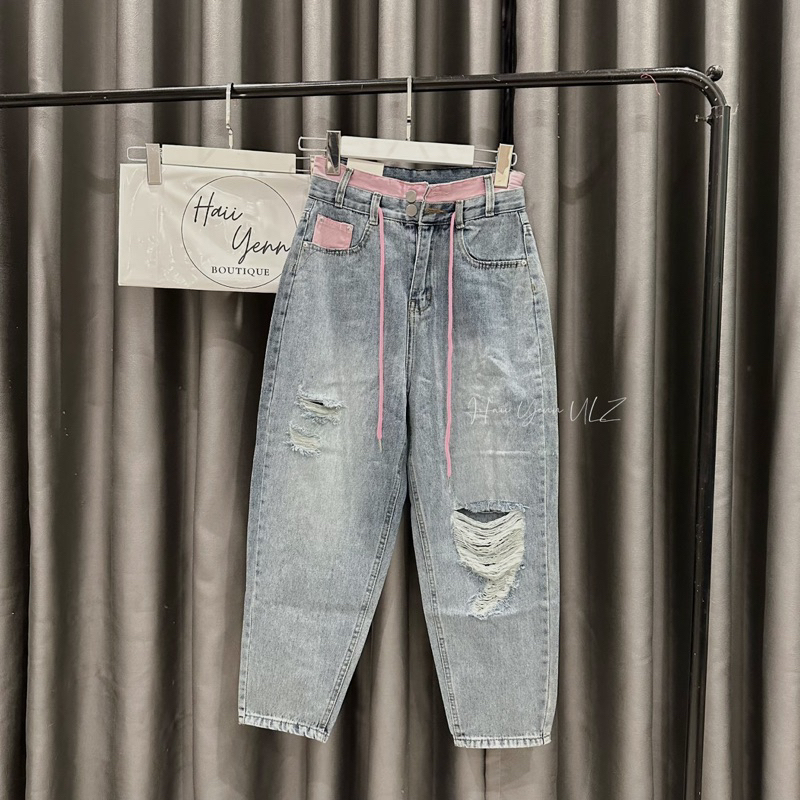 Quần baggy nữ rách pha cạp jeans hồng