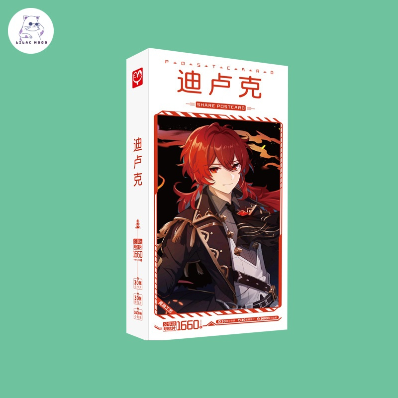Diluc / Genshin Impact | Hộp postcard bưu thiếp 30 postcard + 30 lomo, tặng kèm 1600 miếng dán sticker