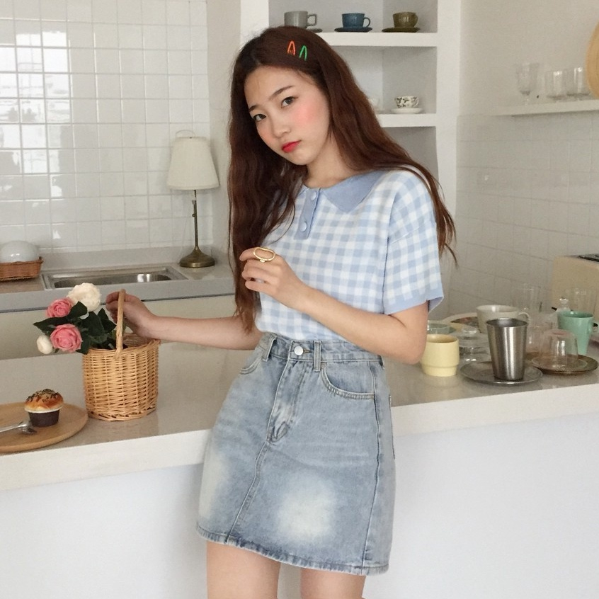 Áo dệt kim tay ngắn bâu sơ mi kẻ sọc caro thời trang Hàn Quốc cho nữ mã SA212 HMStyle