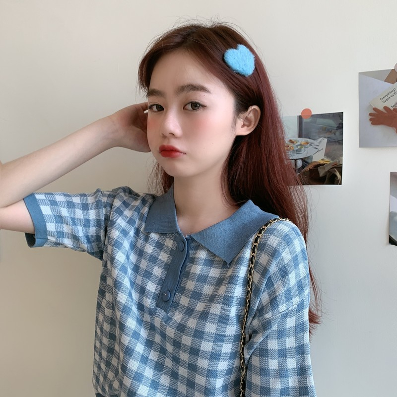 Áo dệt kim tay ngắn bâu sơ mi kẻ sọc caro thời trang Hàn Quốc cho nữ mã SA212 HMStyle