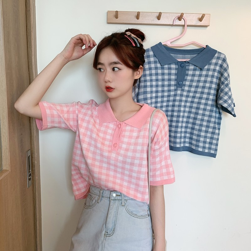 Áo dệt kim tay ngắn bâu sơ mi kẻ sọc caro thời trang Hàn Quốc cho nữ mã SA212 HMStyle