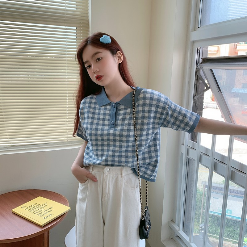 Áo dệt kim tay ngắn bâu sơ mi kẻ sọc caro thời trang Hàn Quốc cho nữ mã SA212 HMStyle