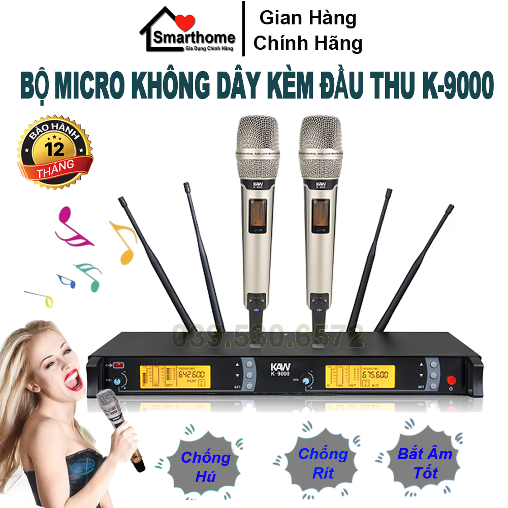 Mic không dây, micro karaoke chính hãng, Bộ Micro Không Dây Kèm Đầu Thu KAW K-9000