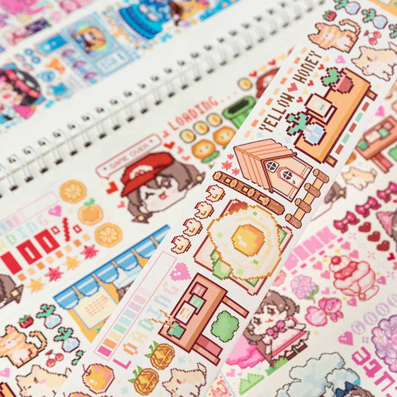 Cuộn băng keo washi tape Flower girl đáng yêu dạng tranh vẽ pixel dài 2m | BSW130