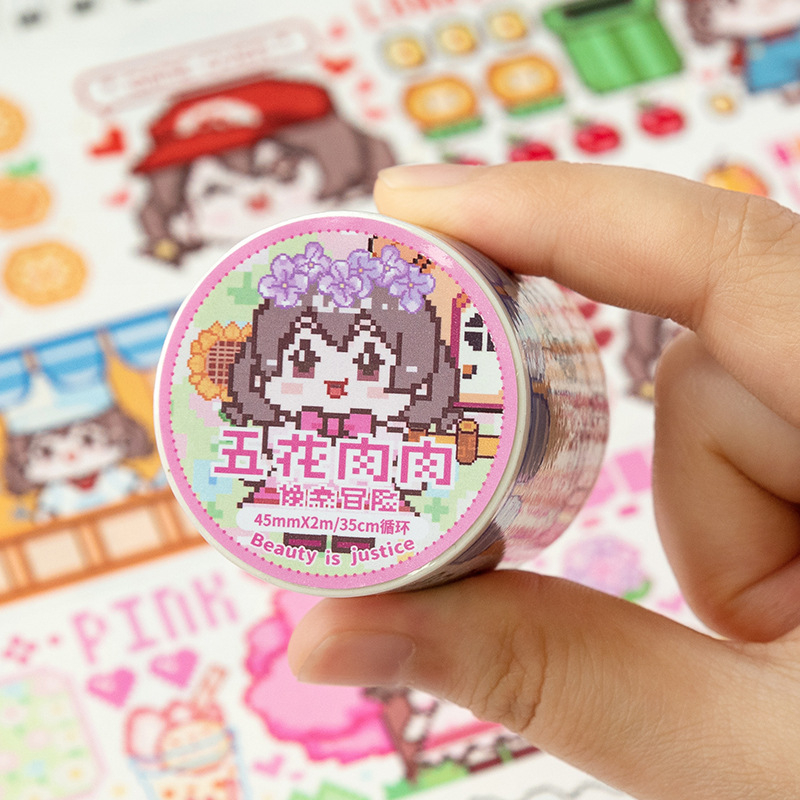 Cuộn băng keo washi tape Flower girl đáng yêu dạng tranh vẽ pixel dài 2m | BSW130