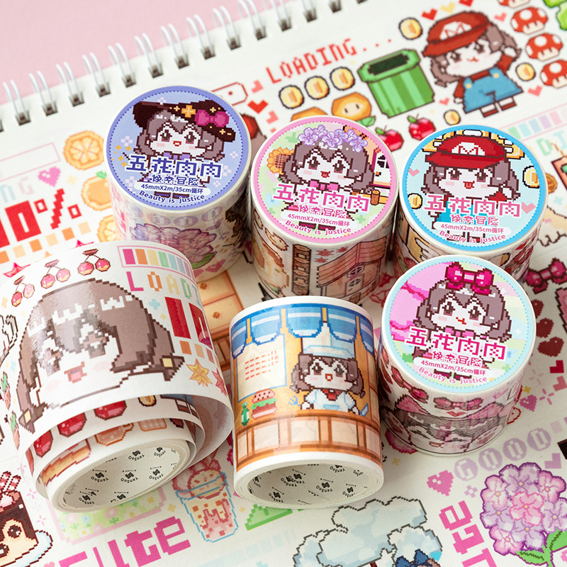 Cuộn băng keo washi tape Flower girl đáng yêu dạng tranh vẽ pixel dài 2m | BSW130