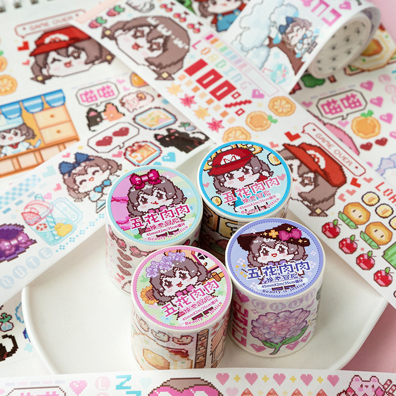 Cuộn băng keo washi tape Flower girl đáng yêu dạng tranh vẽ pixel dài 2m | BSW130