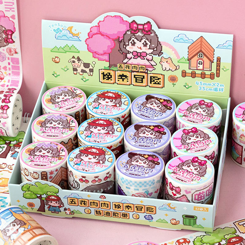 Cuộn băng keo washi tape Flower girl đáng yêu dạng tranh vẽ pixel dài 2m | BSW130