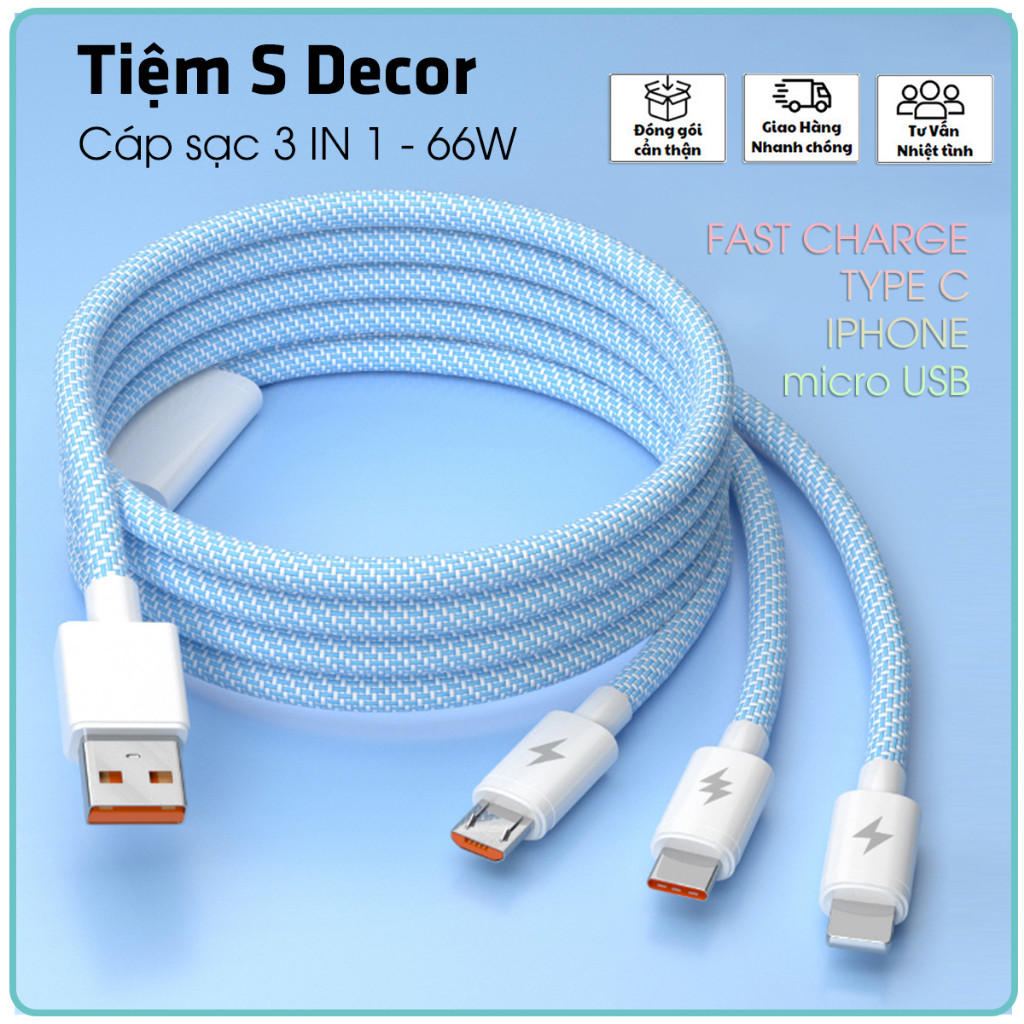 Cáp Sạc Siêu Nhanh 3 Trong một Macaron 66W