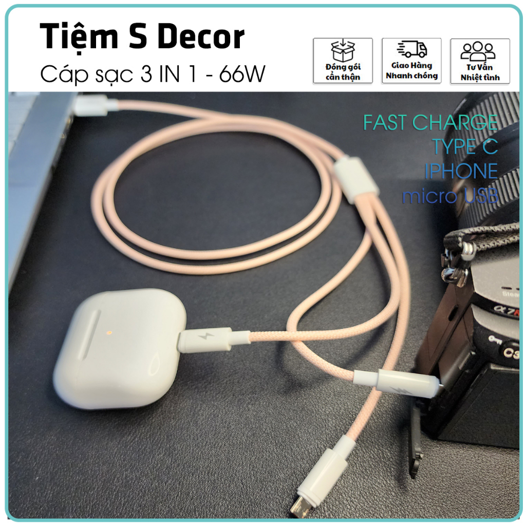 Cáp Sạc Siêu Nhanh 3 Trong một Macaron 66W