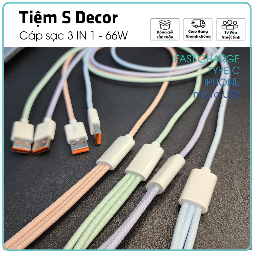 Cáp Sạc Siêu Nhanh 3 Trong một Macaron 66W